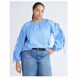 Free Assembly Blue Striped Gathered Neck Cotton Long Tie Sleeves Top XXL